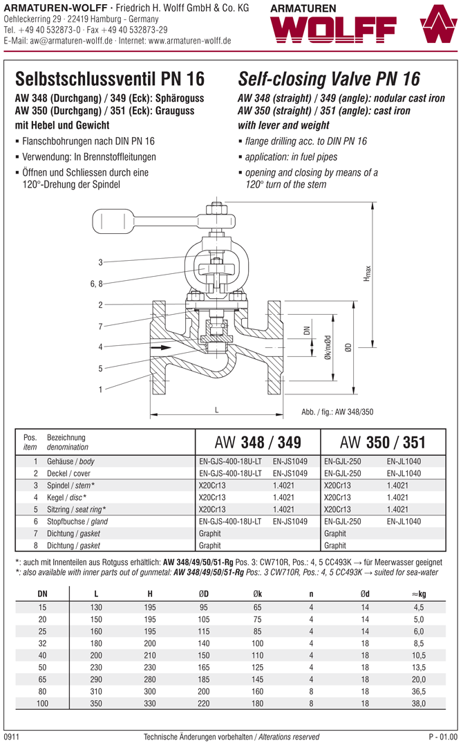 AW 349 Self-closing Valve with lever and weight, angle pattern
