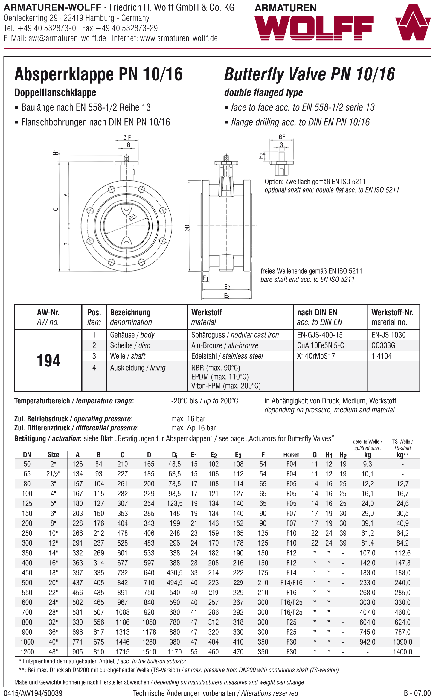 AW 194 Butterfly Valve, double flanged type
