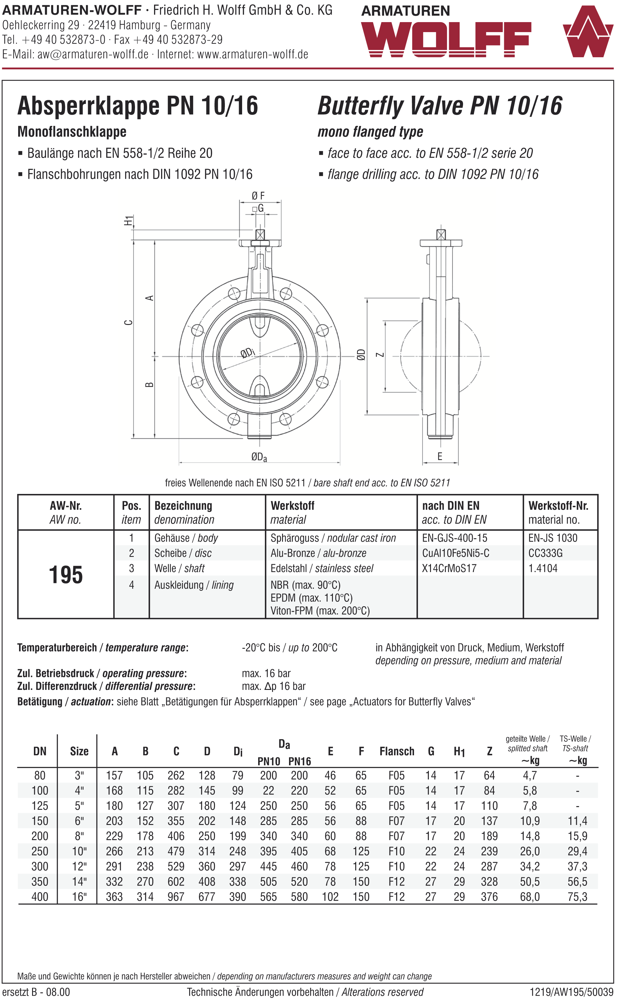 AW 195 Butterfly Valve, mono flanged type