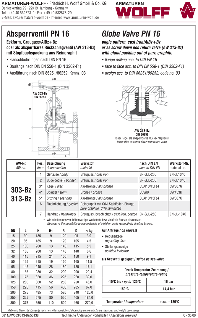 AW 313-Bz Flanged SDNR Valve, angle pattern