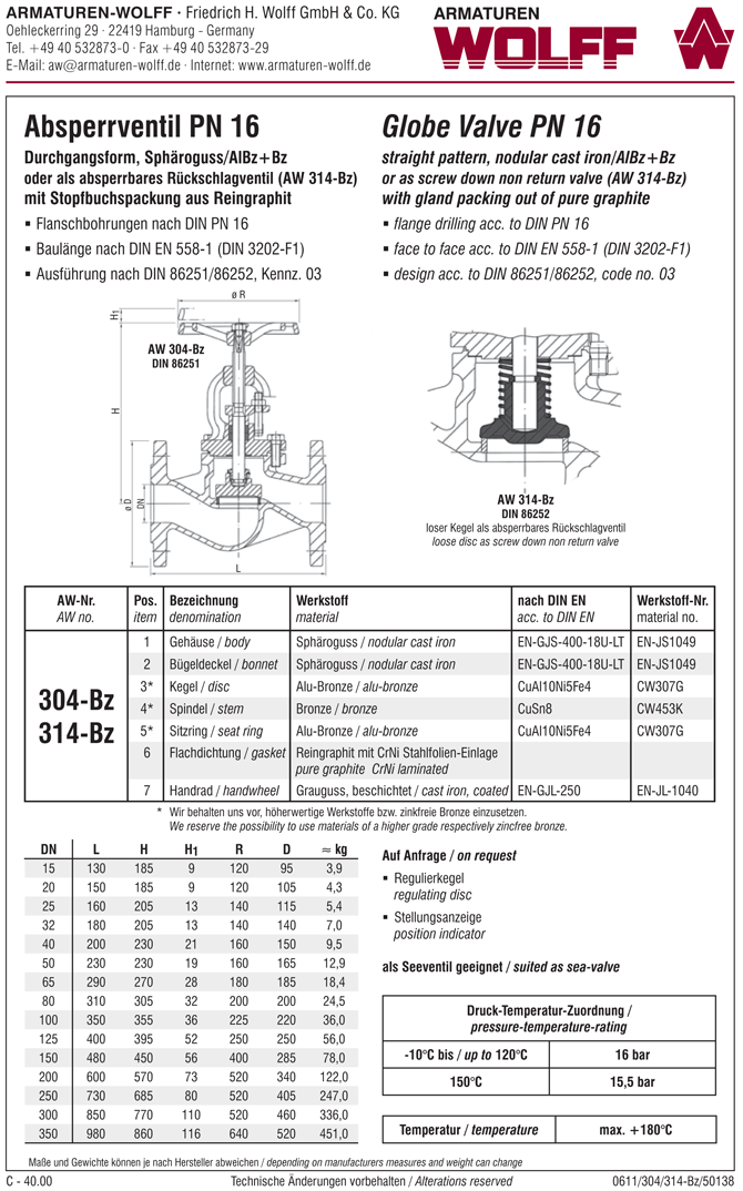 AW 304-Bz Flanged Stop Valve