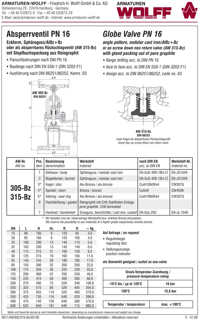 AW 315-Bz Flanged SDNR Valve, angle pattern