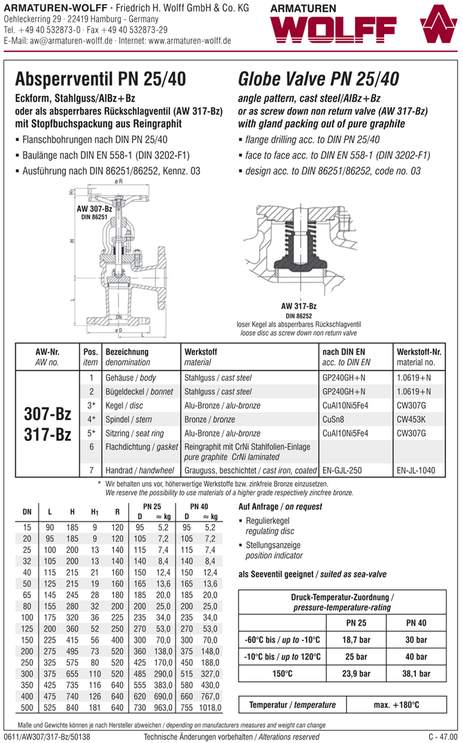 AW 317-Bz Flanged SDNR Valve, angle pattern