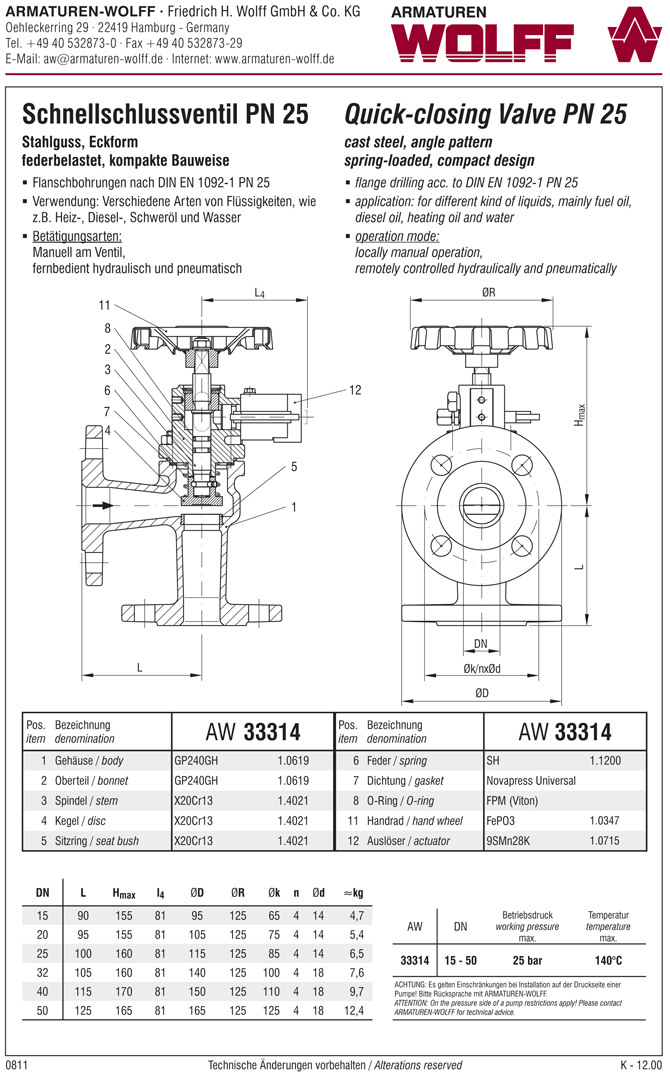 AW 33314 Quick-closing Valve, springloaded, angle pattern, hydr./pn. operation
