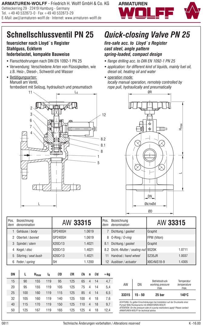 AW 33315 Quick-closing Valve, springloaded, angle pattern, hydr./pn. operation, fire safe