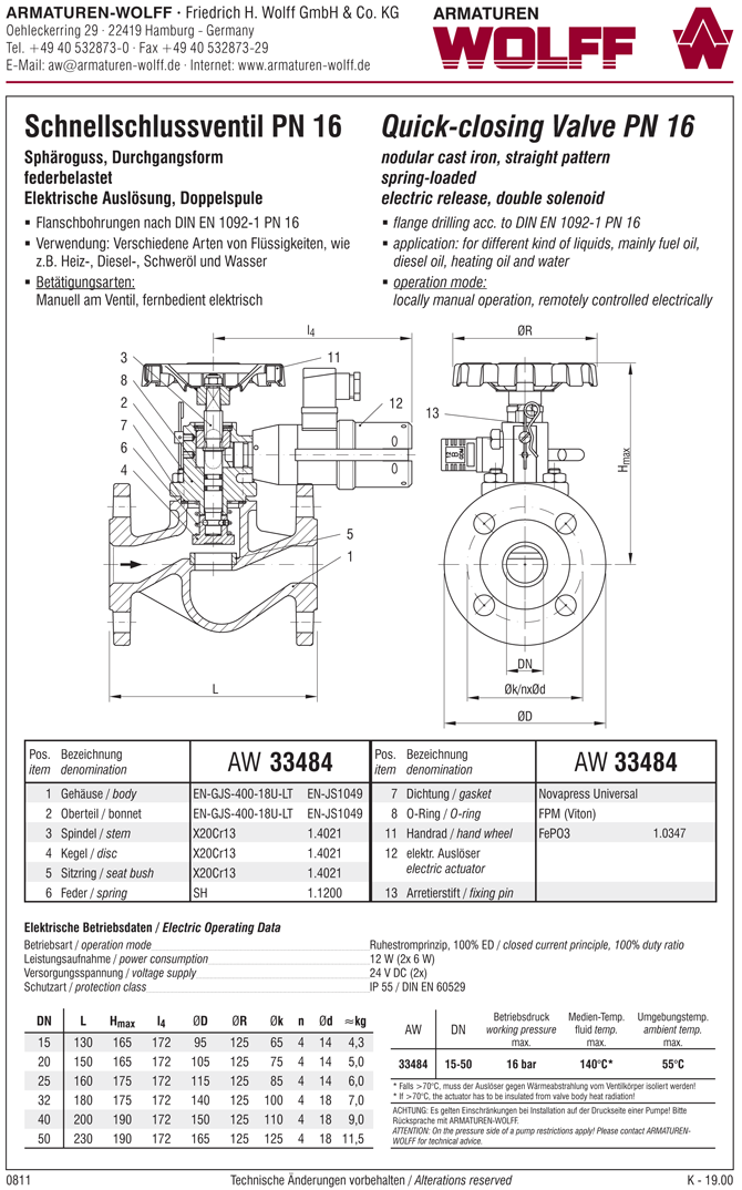 AW 33484 Quick-closing Valve, springloaded, straight pattern, electrical operation, double coil