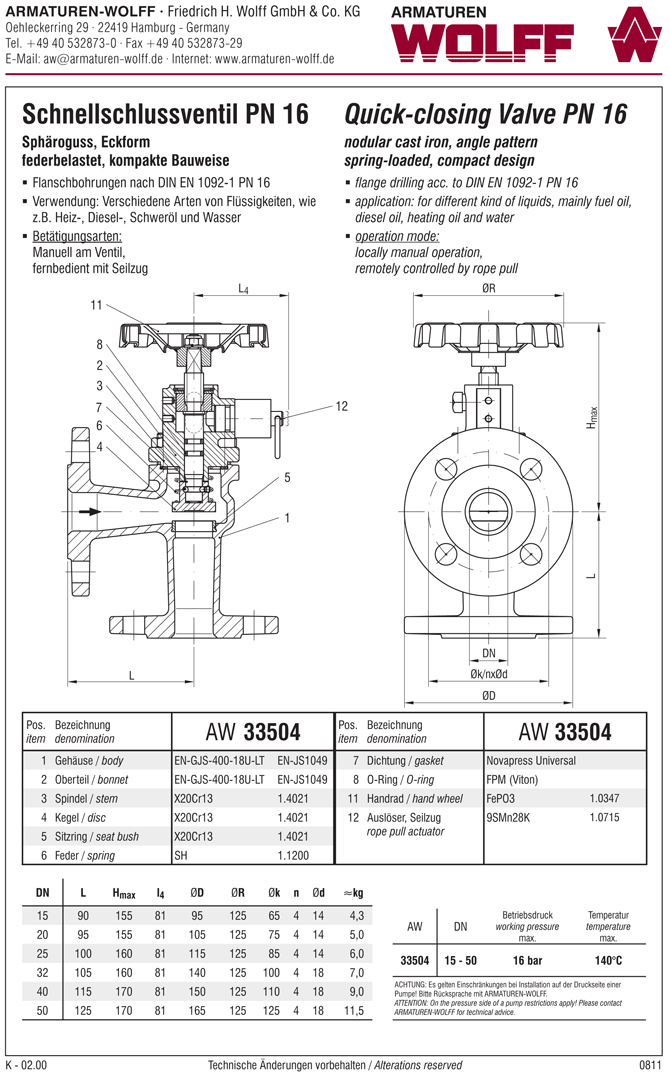 AW 33504 Quick-closing Valve, springloaded, angle pattern, manual operation