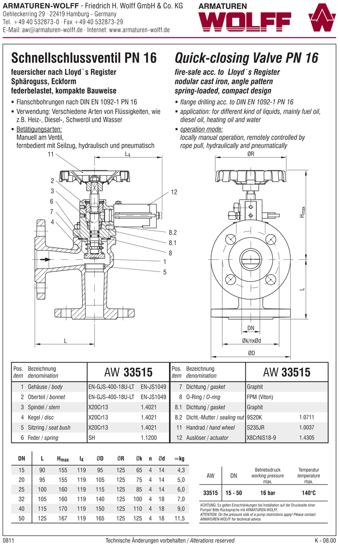 AW 33515 Quick-closing Valve, springloaded, angle pattern, hydr./pn. operation, fire safe