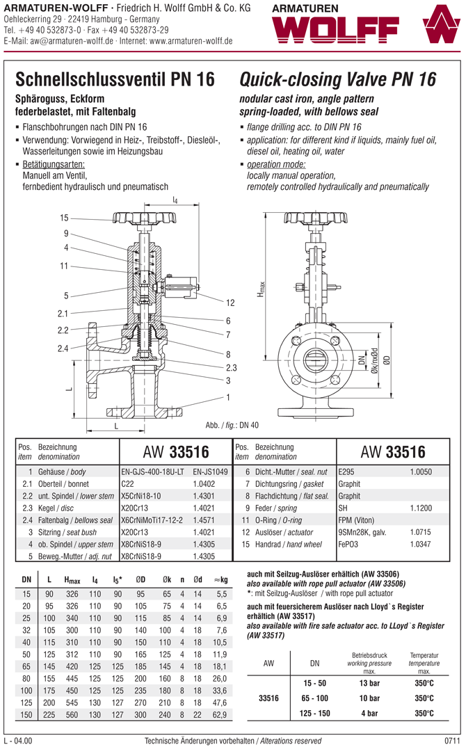 AW 33516 Quick-closing Valve with bellows seal, angle pattern, hydr./pn. operation