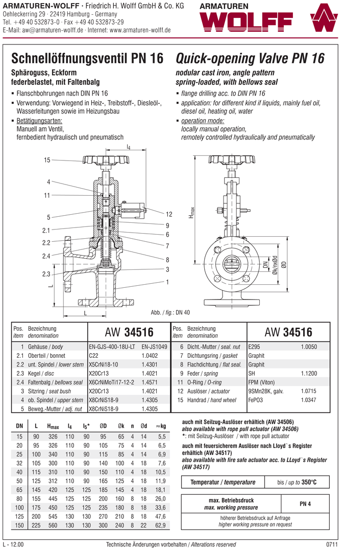 AW 34506 Quick-opening Valve with bellows seal, angle pattern, manual operation