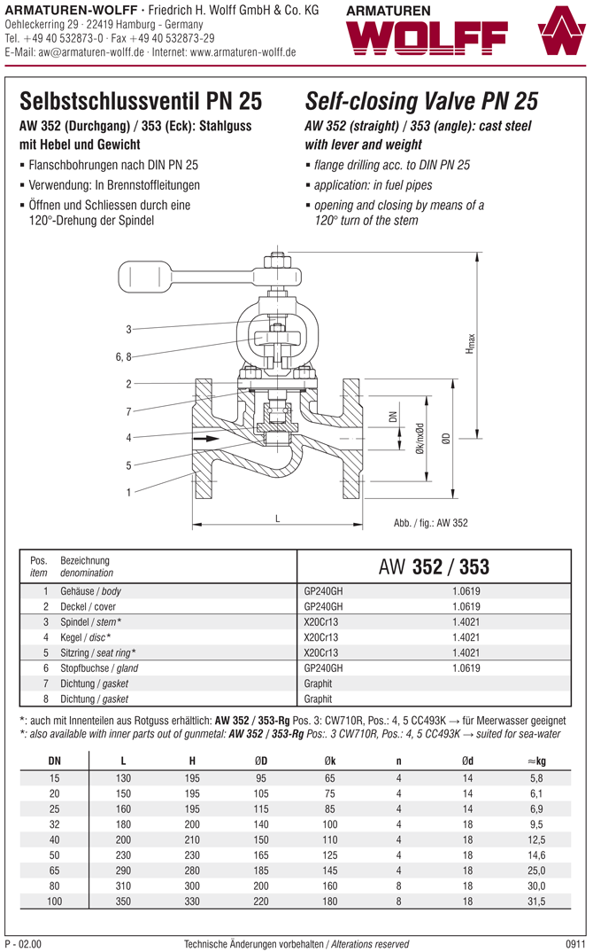 AW 353 Self-closing Valve with lever and weight, angle pattern