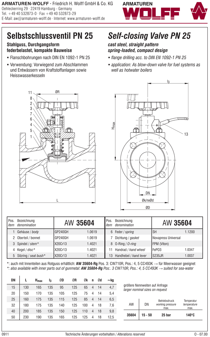 AW 35604 Self-closing Valve, springloaded, straight pattern, with hand wheel