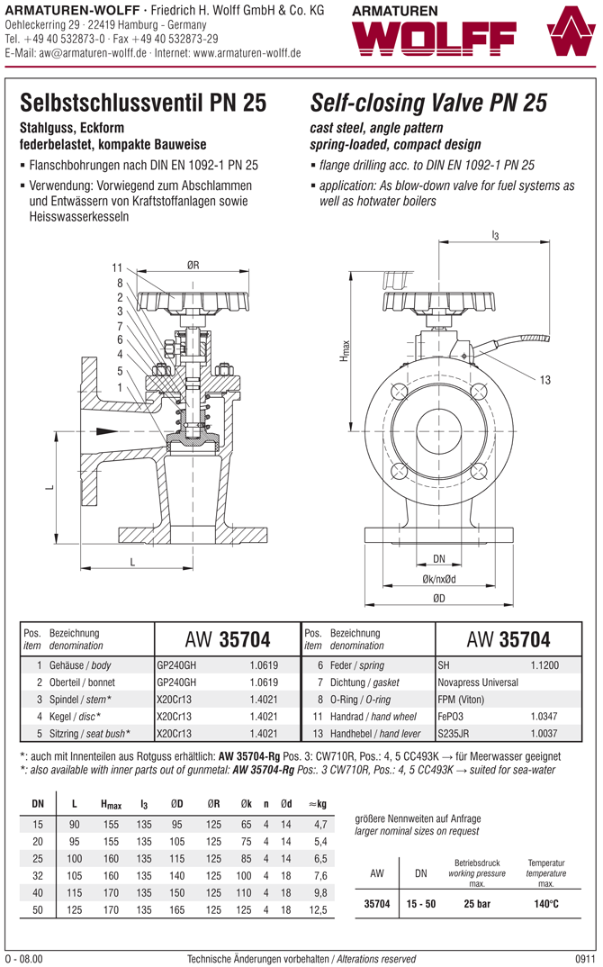 AW 35704 Self-closing Valve, springloaded, angle pattern, with hand wheel