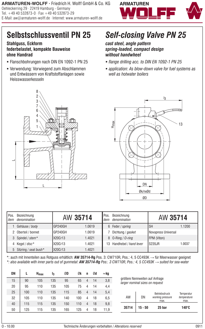 AW 35714 Self-closing Valve, springloaded, angle pattern, without hand wheel