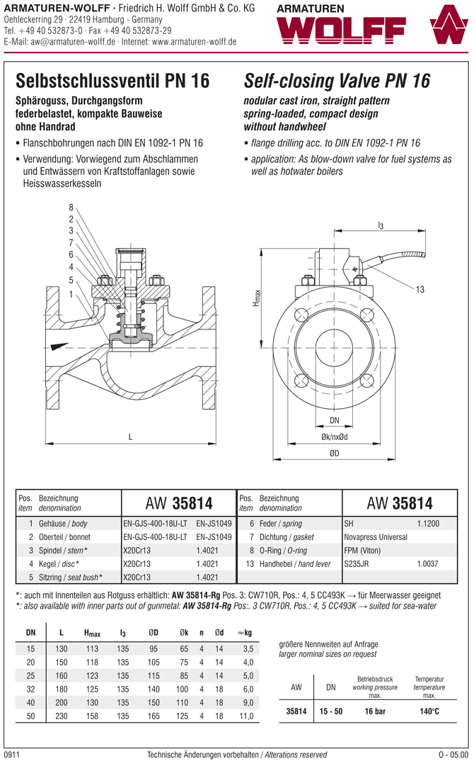 AW 35814 Self-closing Valve, springloaded, straight pattern, without hand wheel