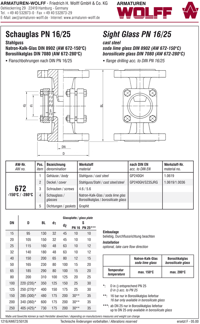 AW 672-280 Flanged Sight Glass, face to face acc. to EN 558-R1 (F1)