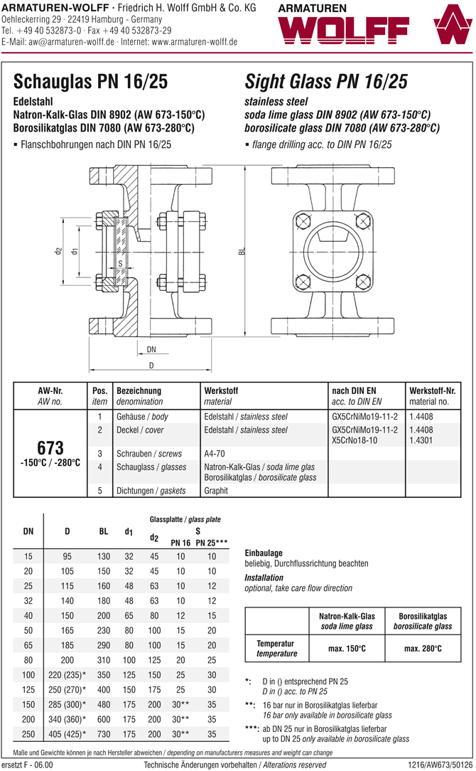 AW 673-150 Flanged Sight Glass, face to face acc. to EN 558-R1 (F1)