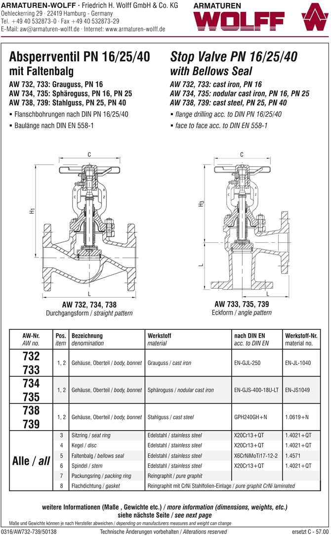 AW 733 Flanged Stop Valve with bellows seal, angle pattern
