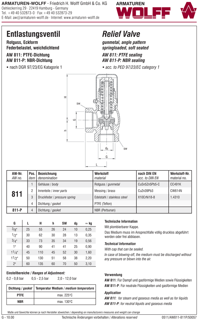 AW 811-P Relief Valve, angle pattern, female thread, closed bonnet, not liftable