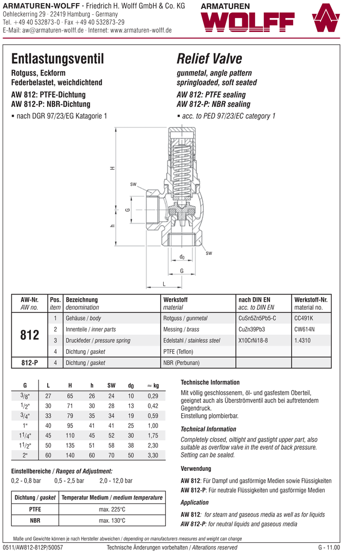 AW 812-P Relief Valve, angle pattern, female thread, closed bonnet, not liftable