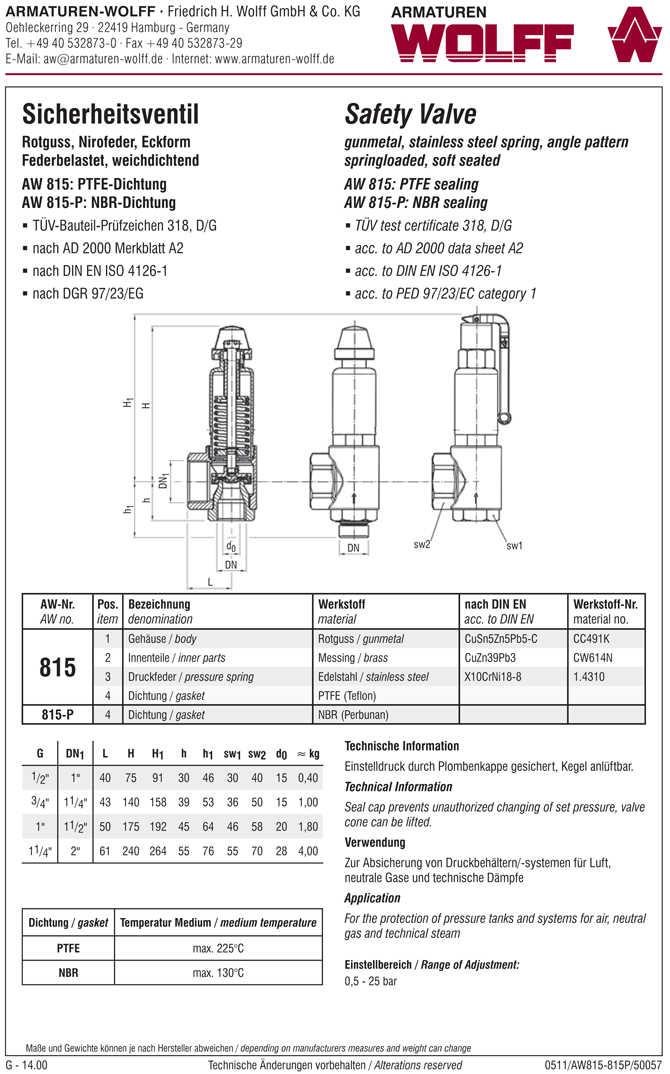 AW 815 Safety Valve, angle pattern, female thread, closed bonnet, liftable