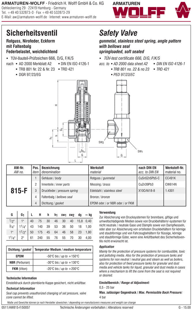 AW 815-F Safety Valve with bellows seal, angle pattern, female thread, not liftable