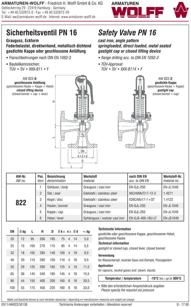 AW 822 Flanged Safety Valve, angle pattern, closed bonnet