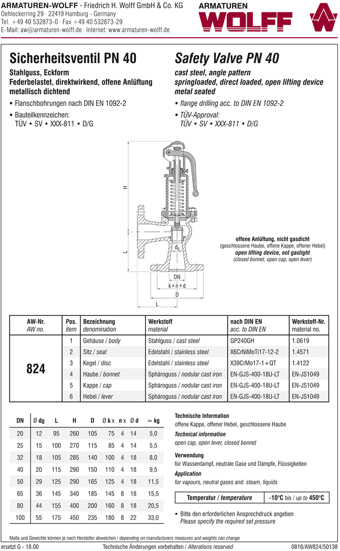 AW 824 Flanged Safety Valve, angle pattern, closed bonnet, liftable