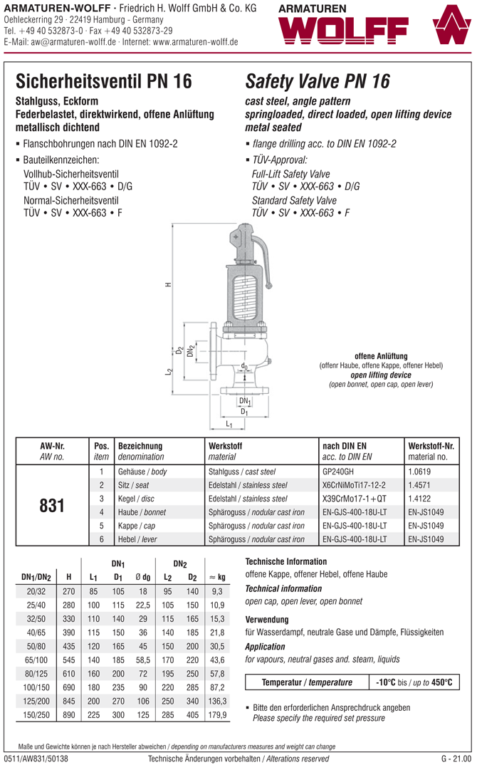 AW 831 Flanged Full-lift Safety Valve, angle pattern, open bonnet, liftable