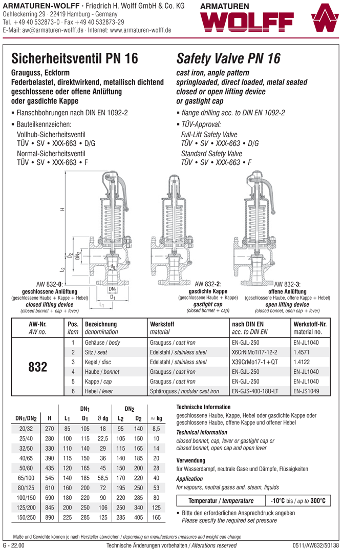 AW 832 Flanged Full-lift Safety Valve, angle pattern, closed bonnet