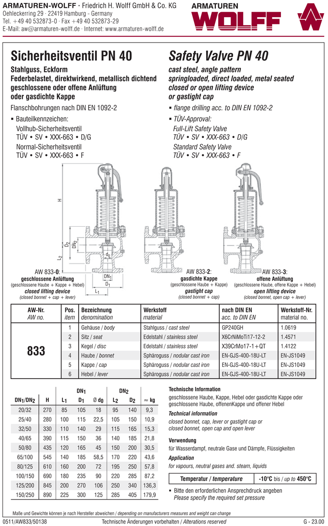 AW 833 Flanged Full-lift Safety Valve, angle pattern, closed bonnet